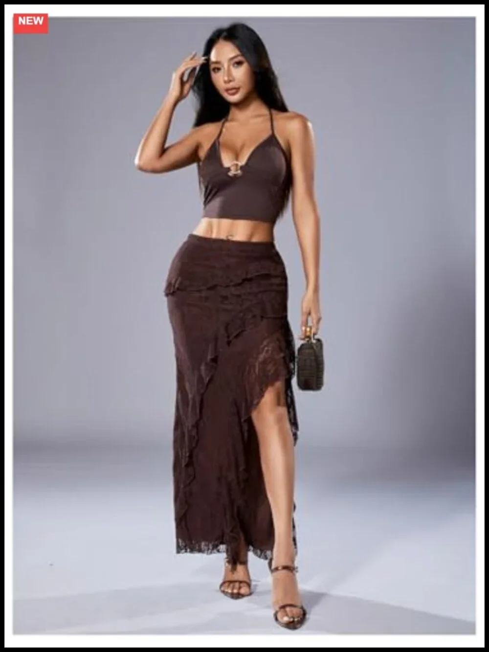 Women's Floral Lace Ruffle Trim High Waisted Split Hem Asymmetrical Maxi Skirt